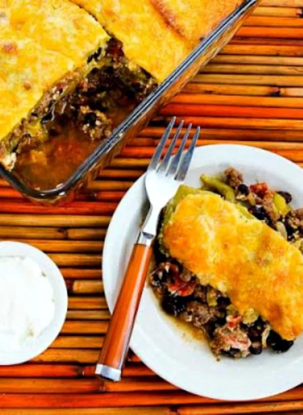Spicy Green Chile Mexican Casserole with Ground Beef, Black Beans, and Tomatoes #mexican #groundbeef #dinner #recipe