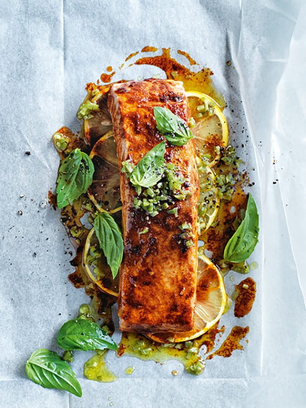 Smoked Paprika And Green Olive Salmon #salmon #fish #food #dinner #recipe
