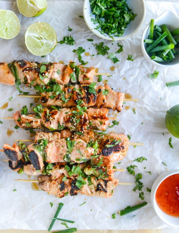 30 Minute Sweet Thai Chili Salmon Skewers. #salmon #fish #food #dinner #recipe