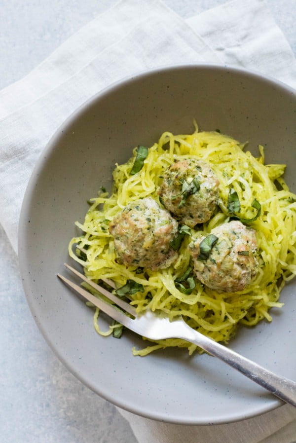 Turkey Florentine Meatballs with Pesto Spaghetti Squash #spaghetti #dinner #recipe #squash