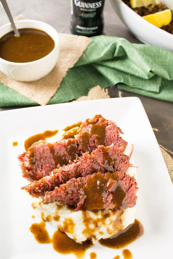 Slow Cooked Corned Beef with Spicy Guinness Gravy and Caramelized Cabbage #cornedbeef #beef #dinner #recipe