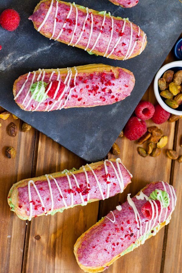 Raspberry Pistachio Eclair Recipe (video) #eclair #dessert #recipe