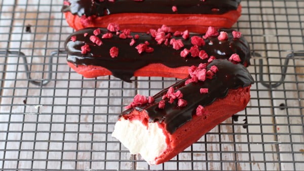 Red Velvet Choc Raspberry Eclairs #eclair #dessert #recipe