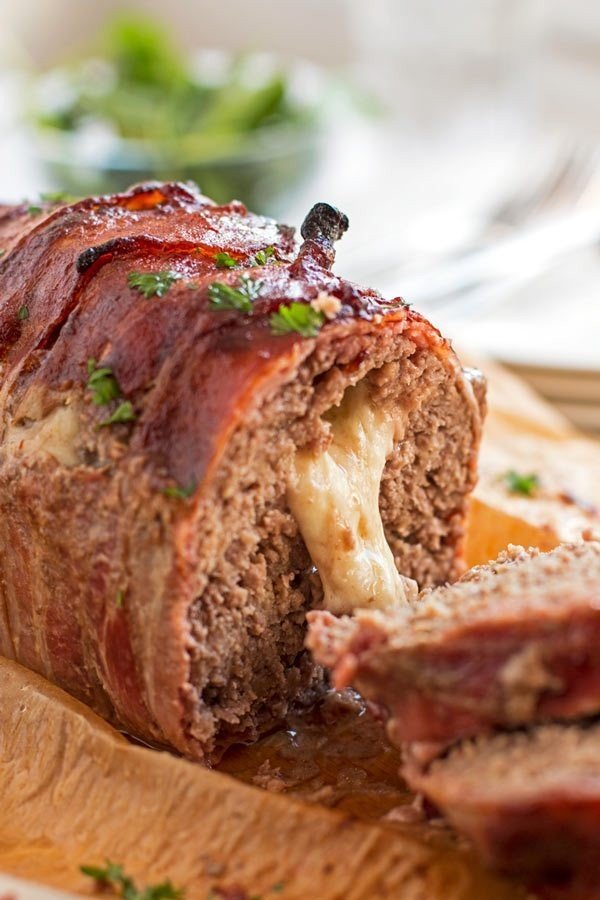Mozzarella Stuffed Bacon Wrapped Meatloaf Recipe #meatloaf #recipe #dinner