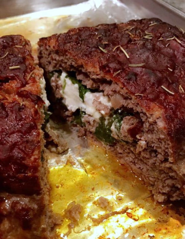 Spinach and Goat Cheese Stuffed Meatloaf #meatloaf #recipe #dinner