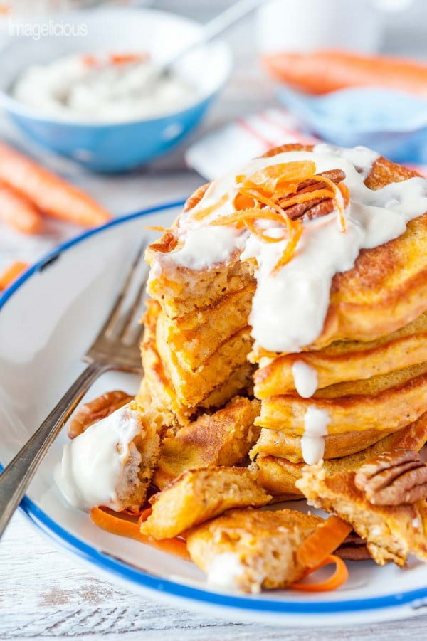 Carrot Cake Pancakes with Cream Cheese-Maple Syrup #pancakes #dinner #lunch #snack #food #recipe