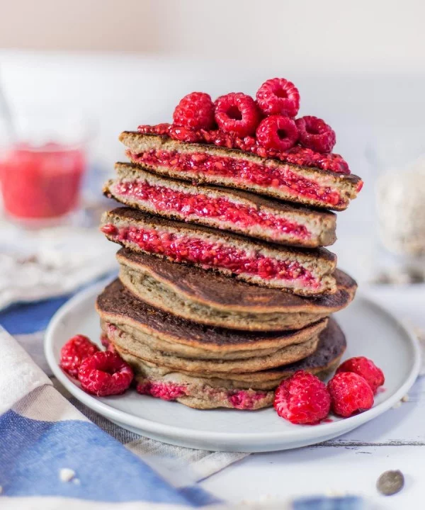 Raspberry Chia Jam Stuffed Pancakes #pancakes #dinner #lunch #snack #food #recipe