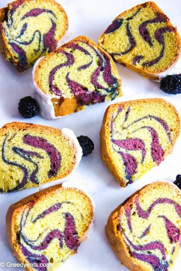 Vanilla bundt cake with blackberry swirls and vanilla glaze #poundcake #cake #recipe #dessert