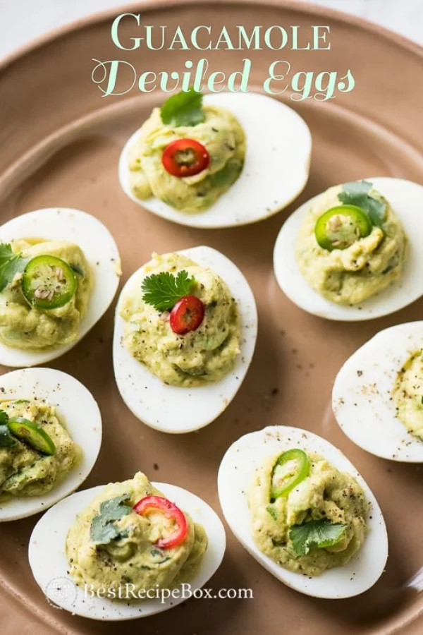 Guacamole Deviled Eggs Recipe with Creamy Avocado #recipe #eggs #boiled #breakfast #snack