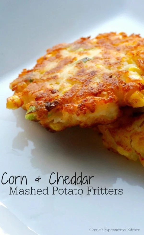 Corn & Cheddar Mashed Potato Fritters #fritters #recipe #dinner