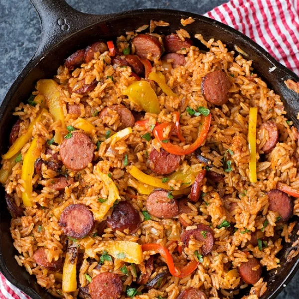 Sausage, Pepper and Rice Skillet #sausage #dinner #recipe