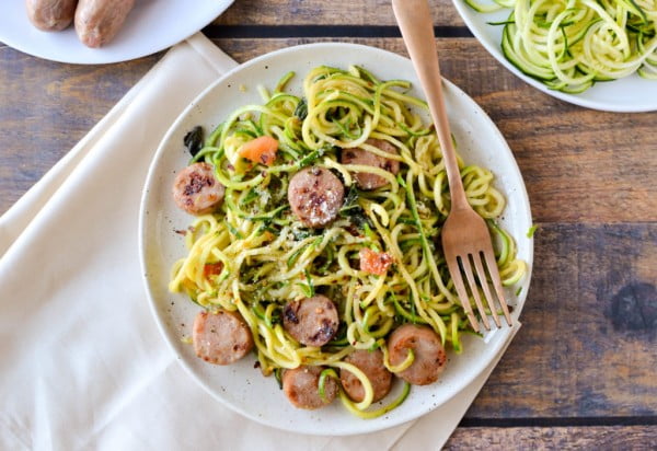 Zucchini Noodles with Chicken Sausage, Tomato, and Basil #sausage #dinner #recipe