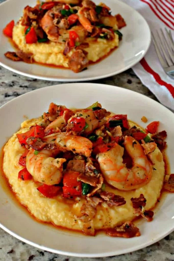 Shrimp and Grits Southern Style with Cheesy Grits #shrimp #recipe #dinner #lunch #snack