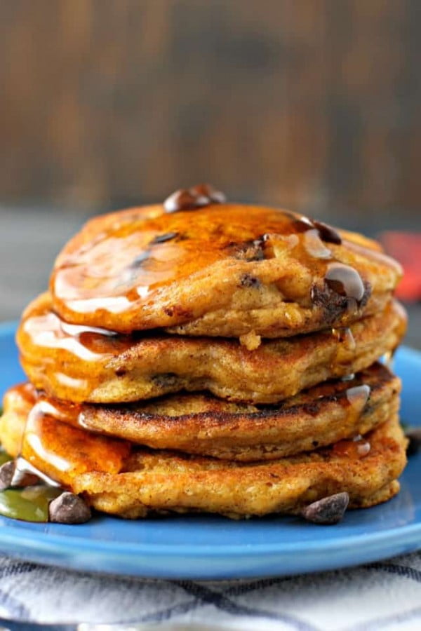 Vegan Chocolate Chip Pumpkin Pancakes. #vegetarian #healthy #breakfast #recipe