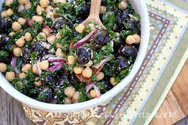 Kale, Olive and Chickpea Salad | Let's Dish Recipes #vegetarian #salad #recipe #healthy