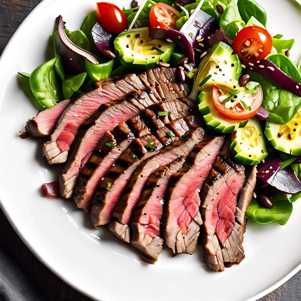 flank steak and grilled peach salad with blue cheese