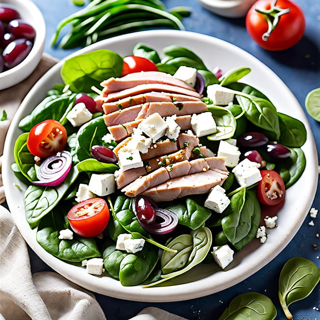 greek spinach salad with grilled turkey tips and feta