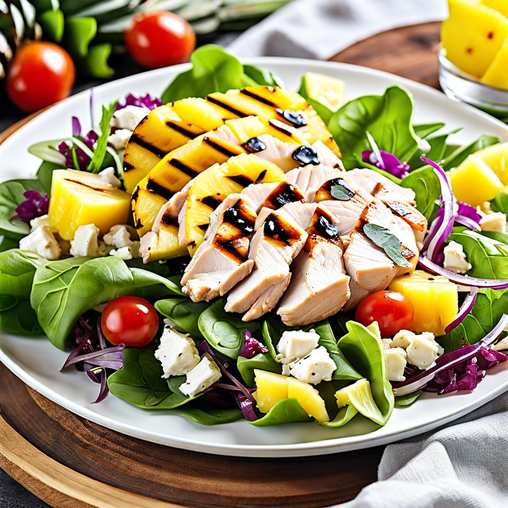 grilled pineapple chicken and avocado salad